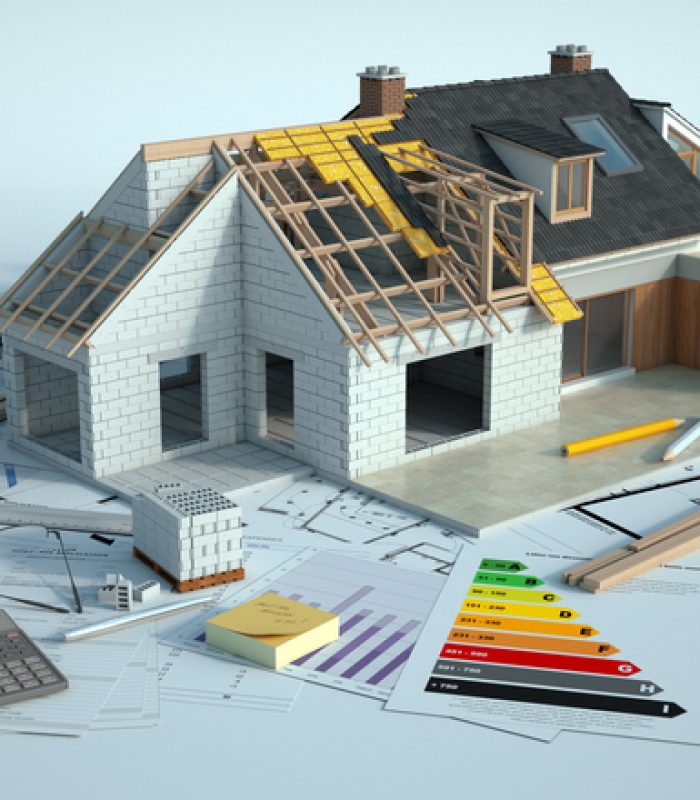 3D rendering of a house undergoing amplifying renovations with an energy chart, blueprints and other documents